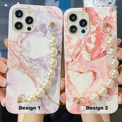 Pink White Marble Case With White Pearl Chain