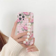 Check Flowers Case With White Pearl Chain