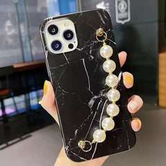 Black Marble Case With White Pearl Chain