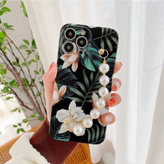 White Flower Green Leaves Black Case With White Pearl Chain