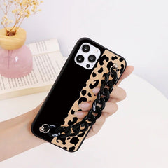 Black Cheetah Print Phone Case With Black Pearl Chain