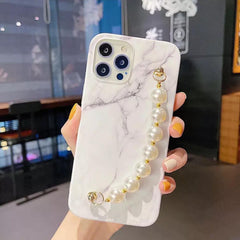 White Marble Case With White Pearl Chain